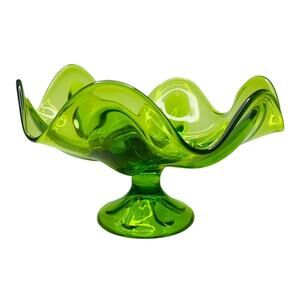 Vintage Viking Mid Century Glass Green Pedestal Compote Bowl